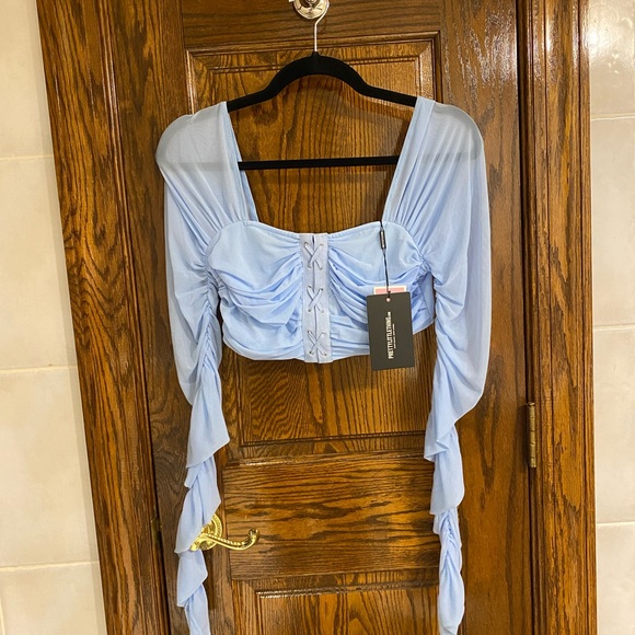 PLT- Light Blue Ruched Lace Up Detail Mesh Crop Top - Picture 3 of 8